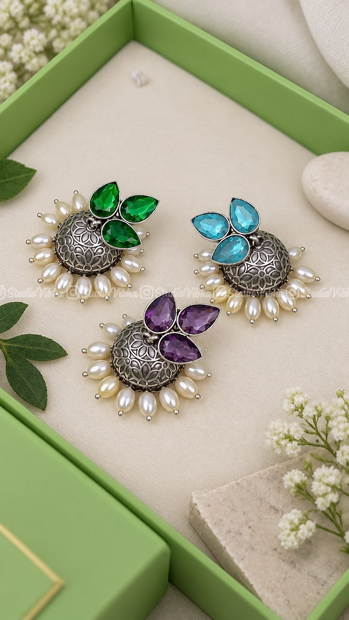 Aarohi Leaf ~ German Silver Jhumkas