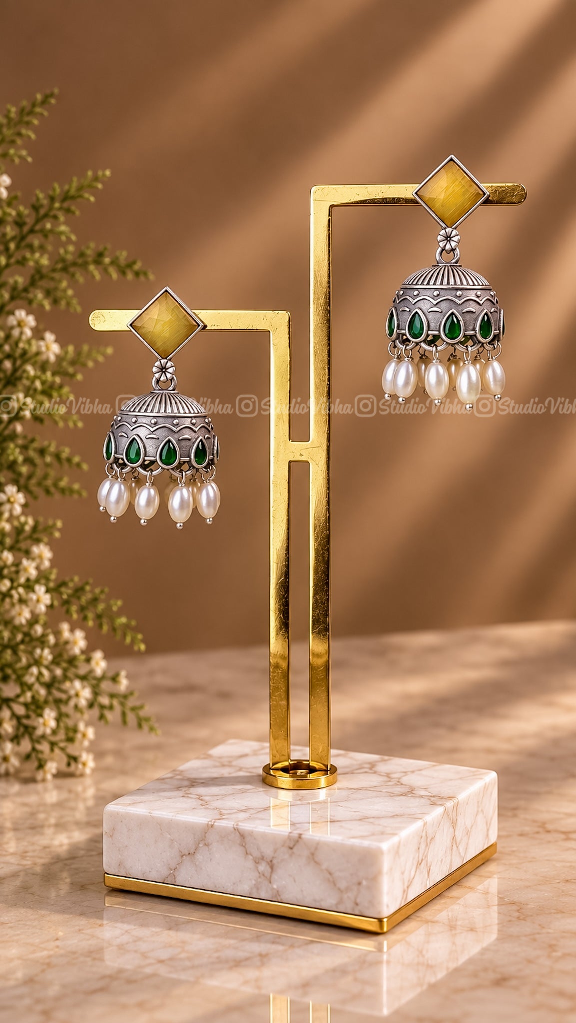 Candy Rhombus ~ Rice Pearls German Silver Jhumkas ~ Antique finish