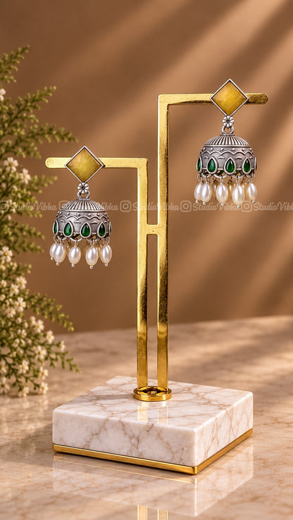 Candy Rhombus ~ Rice Pearls German Silver Jhumkas ~ Antique finish