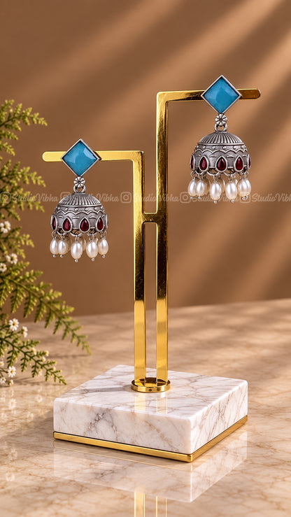 Candy Rhombus ~ Rice Pearls German Silver Jhumkas ~ Antique finish