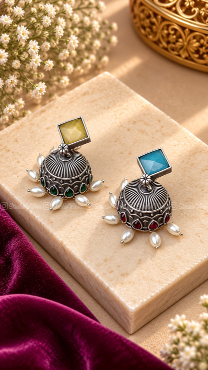 Candy Rhombus ~ Rice Pearls German Silver Jhumkas ~ Antique finish