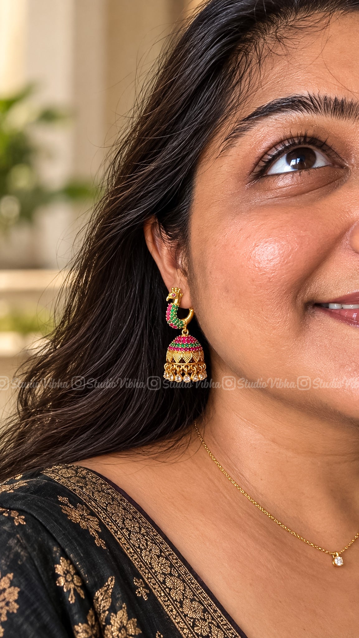 Ratna Mayil ~ Gold Replica Peacock Jhumkas with screw back