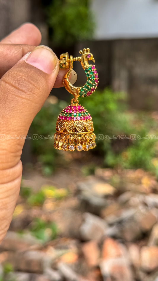 Ratna Mayil ~ Gold Replica Peacock Jhumkas with screw back