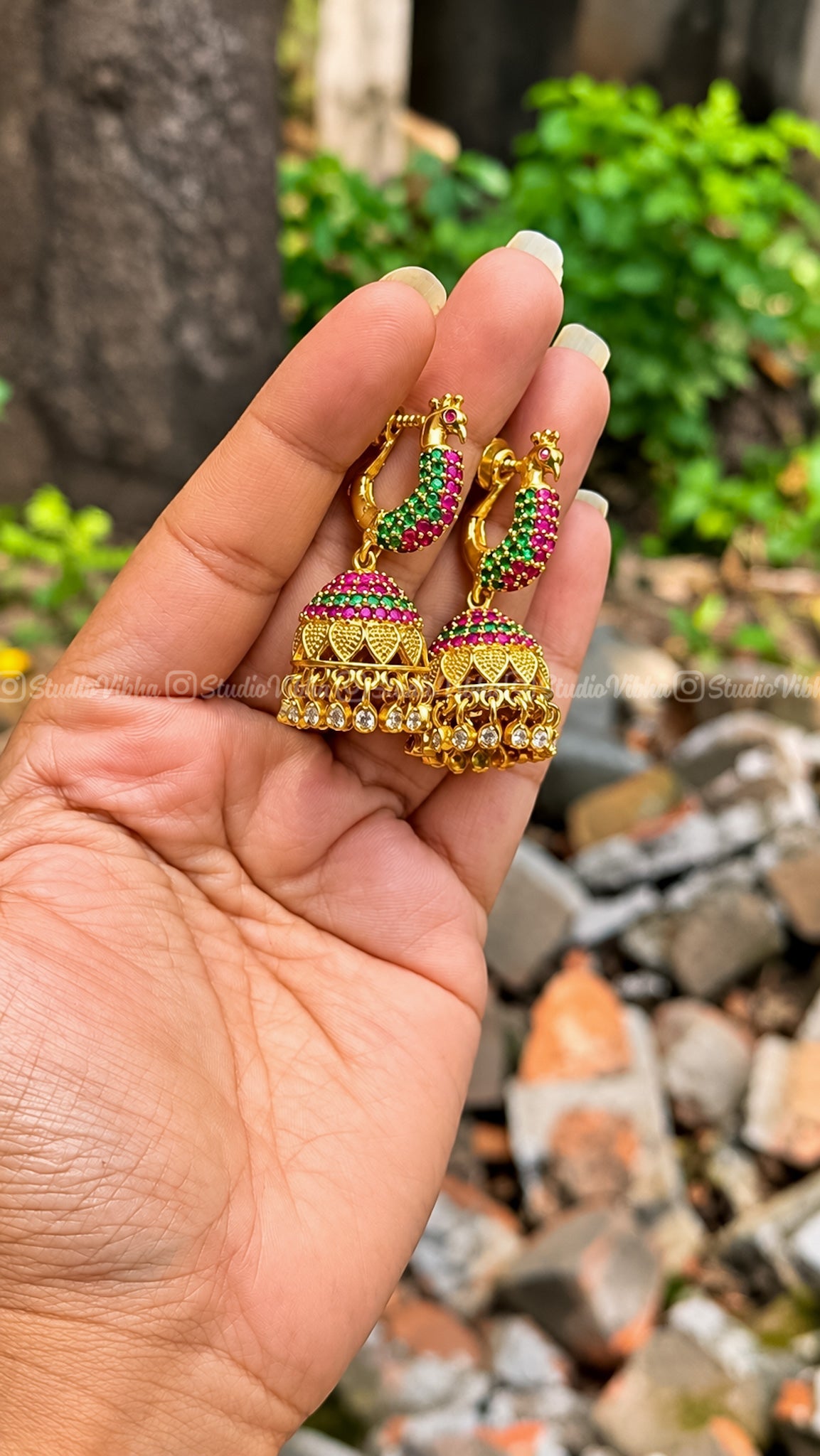 Ratna Mayil ~ Gold Replica Peacock Jhumkas with screw back